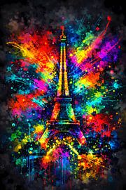 Illuminated Eiffel Tower in a neon splash style – Abstract Paris wall art featuring a colourful explosion of colour by ButterflyPix