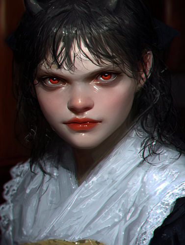 She-devil in een kimono met rode ogen