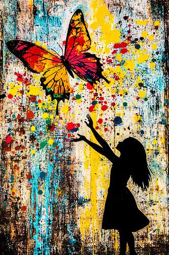 Kleurrijke vlinder en silhouetmeisje
