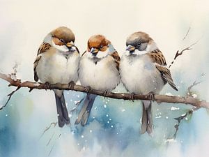 Natürliche Harmonie (3 Spatzen auf einem Ast)