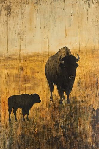 Bison et veau dans la plaine