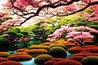 Japanese garden during cherry blossom