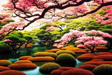 Japanse tuin tijdens kersenbloesem