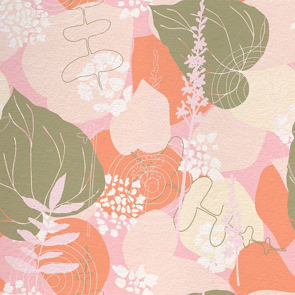 Bloemen in retro stijl. Moderne abstracte botanische kunst in groen, oranje, beige, roze van Dina Dankers