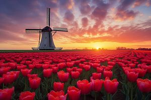 Windmühle im roten Tulpenfeld bei Sonnenuntergang, Niederlande, Frühling