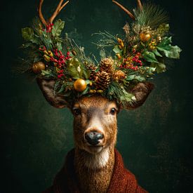 The winter deer with Christmas crown by But First Framing