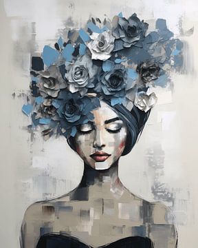 Modern and abstract portrait in different shades of blue by Carla Van Iersel