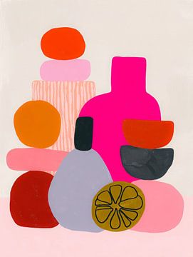 Abstracte boho compositie met kleurrijke vormen en citrusaccent