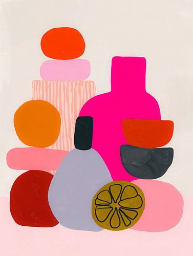 Composition abstraite boho avec des formes colorées et des accents d'agrumes