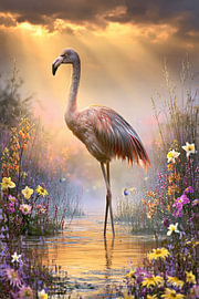 Flamant rose et fleurs tropicales