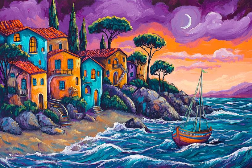 Lively coastal town at sunset by Poster Art Shop