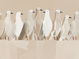 Summer Birds | Minimalist acrylic painting in beige and white by Lina van Oers