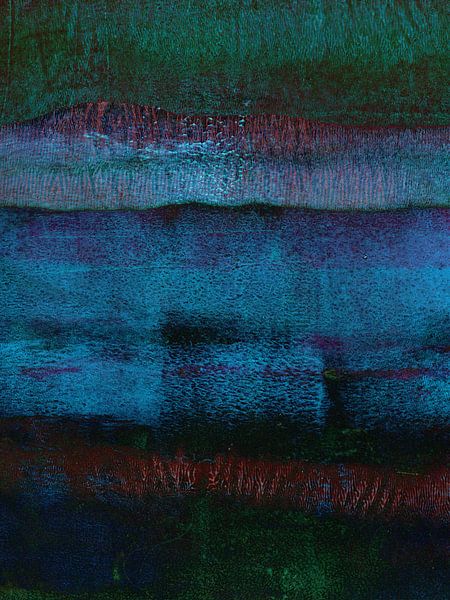 Nostalgische horizon. Abstract schilderij in donker rijk blauw, groen, paars van Dina Dankers