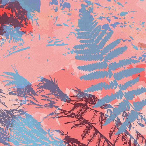 Abstract botanisch in pastelroze, rood en blauw. Varensbladeren.