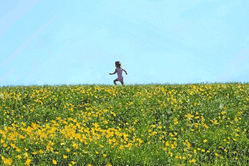Een Herinnering aan een Zorgeloze Vrije Jeugd - Meisje Rent door een Veld Boterbloemen - Digitaal Kunstwerk