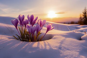 Zonsopgang in de sneeuw met paarse krokusbloemen van Animaflora PicsStock