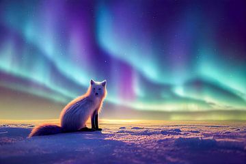 Polarfuchs sitzt in der Arktis mit Aurora Borealis Illustration von Animaflora PicsStock