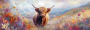 Ein schottischer Highlander in einem Meer von Wildblumen