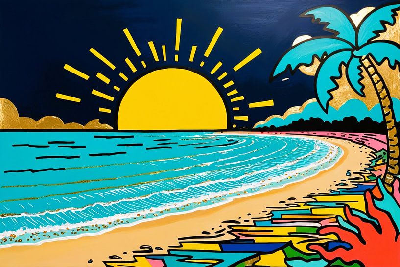 Colourful beach with sunset by Art & Soul Creations