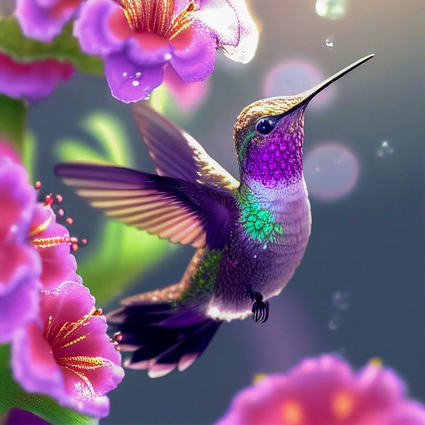 Kolibrie en bloemen, kunstillustratie van Animaflora PicsStock