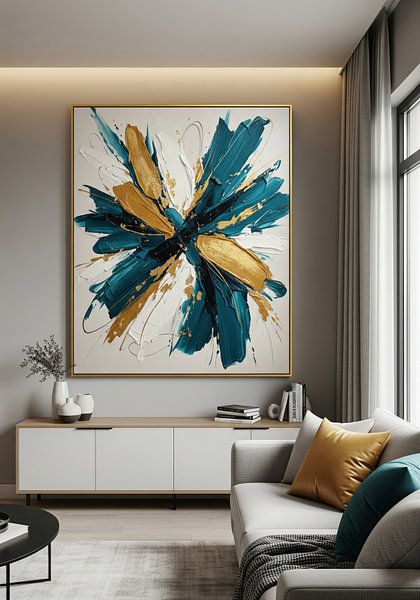 Woonkamer met abstract groenblauw en gouden schilderij van Markus Gann