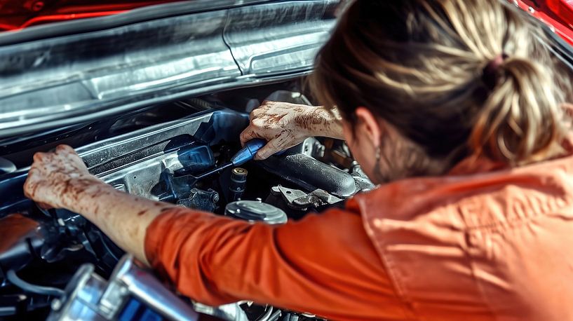 Mechanic repairs engine by Frank Heinz