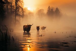 Schottische Highlander bei Sonnenaufgang in Broekpolder