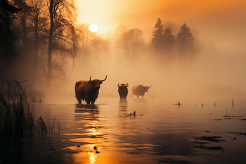 Schottische Highlander bei Sonnenaufgang in Broekpolder