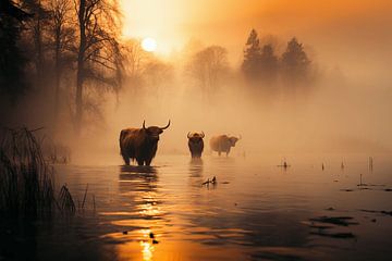 Schottische Highlander bei Sonnenaufgang in Broekpolder von Karina Brouwer