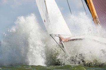 Weiß skûtsje dendert durch eine Welle auf dem IJsselmeer