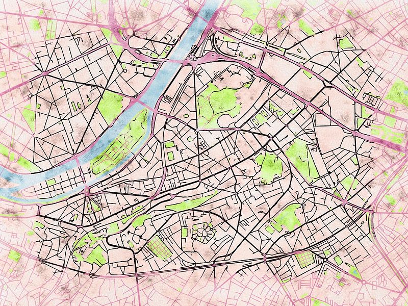 Map of Issy-les-Moulineaux with the style 'Soothing Spring' by Maporia