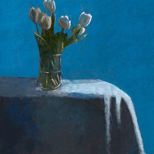 Bloemen schilderij blauw, stilleven met bloemen