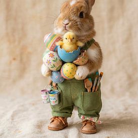 Schattig paashaasje met kuikentje en eieren van But First Framing