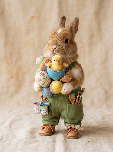Adorable lapin de Pâques avec un poussin et des œufs