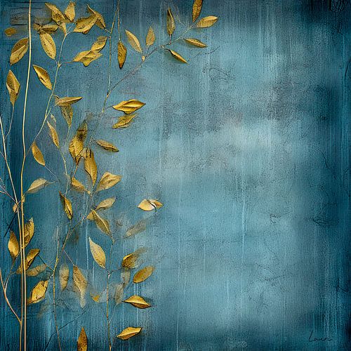 Gouden tak in Japanse stijl op blauwe achtergrond