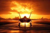 Jet fighter on the runway during golden hour