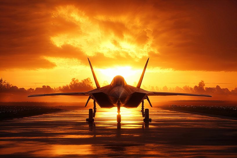 Avion de chasse sur la piste d'atterrissage à l'heure dorée par Digitale Schilderijen