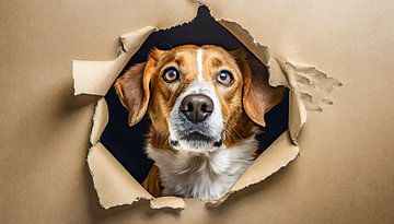 Hund schaut in ein zerrissenes Loch auf der Papierseite, isoliert von Animaflora PicsStock