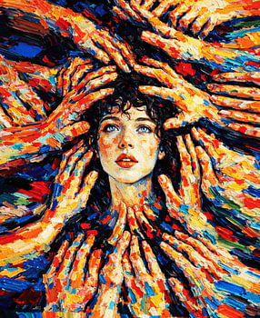 Surrounded by Hands – Vivid Portrait of Overwhelm