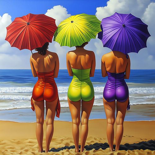 Vrouwen met parasols op het strand