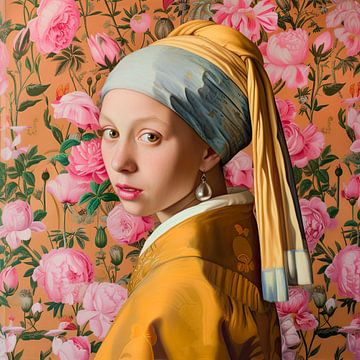 Girl with a pearl earring and peonies by Vlindertuin Art