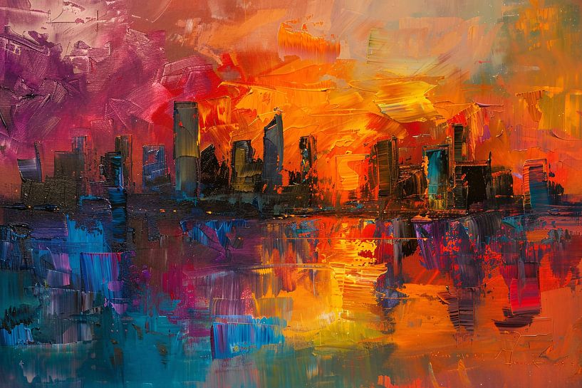 Kleurrijke abstracte skyline bij zonsondergang reflectie van Art & Soul Creations