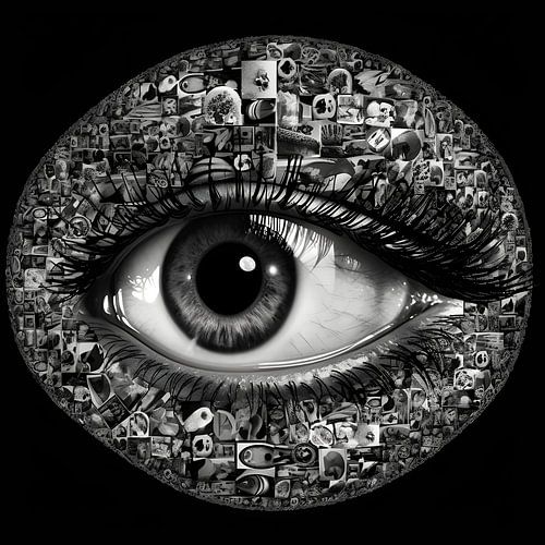 Oog omgeven door kleine foto's en plaatjes