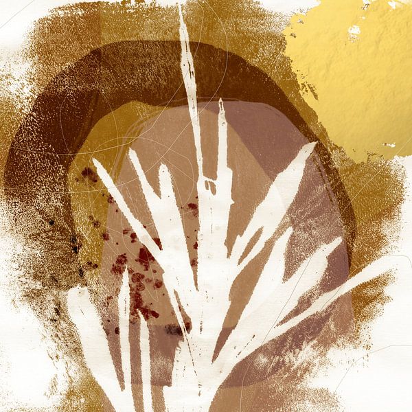 Botanical illustration. Abstract plant on rusty brown, pink and gold by Dina Dankers