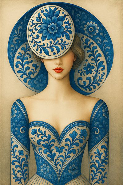 Frau mit delfterblauem Hut - blumiges Porträt von Kleurenrijk