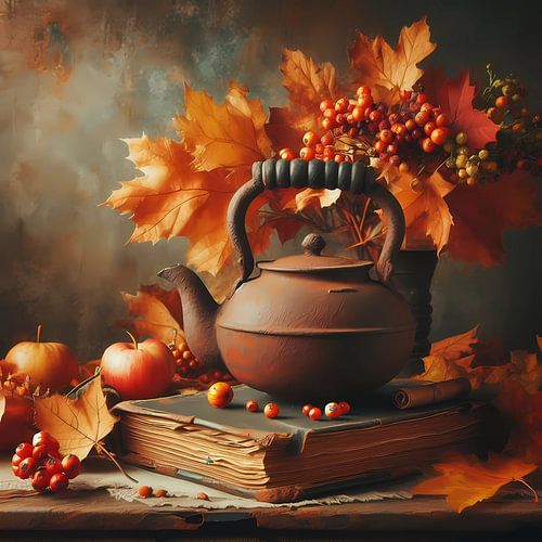 Theepot met bladeren herfst