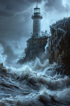 Phare majestueux dans la tempête avec éclairs et vagues sur Felix Brönnimann