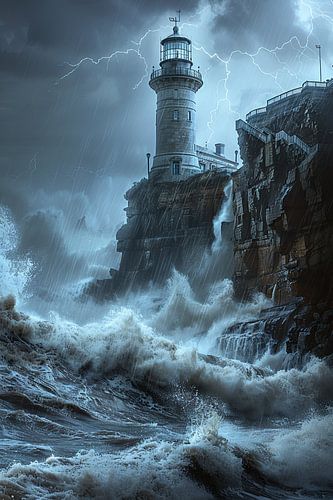 Majestueuze vuurtoren in een storm met bliksem en golven