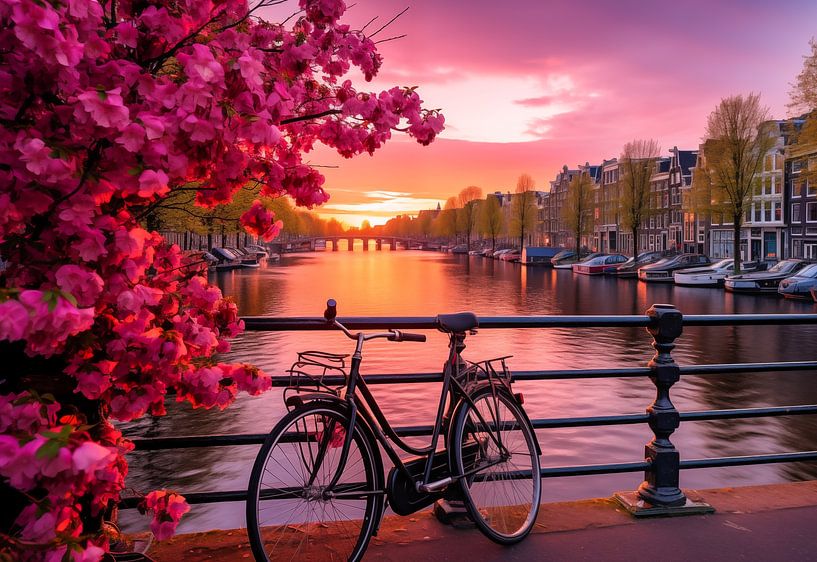 Beautiful sunrise over Amsterdam, Netherlands, with flowers and bicycles on the bridge in spring by Animaflora PicsStock