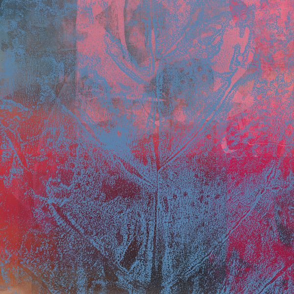 Blue leaf on red and pink. Modern botanical art. by Dina Dankers